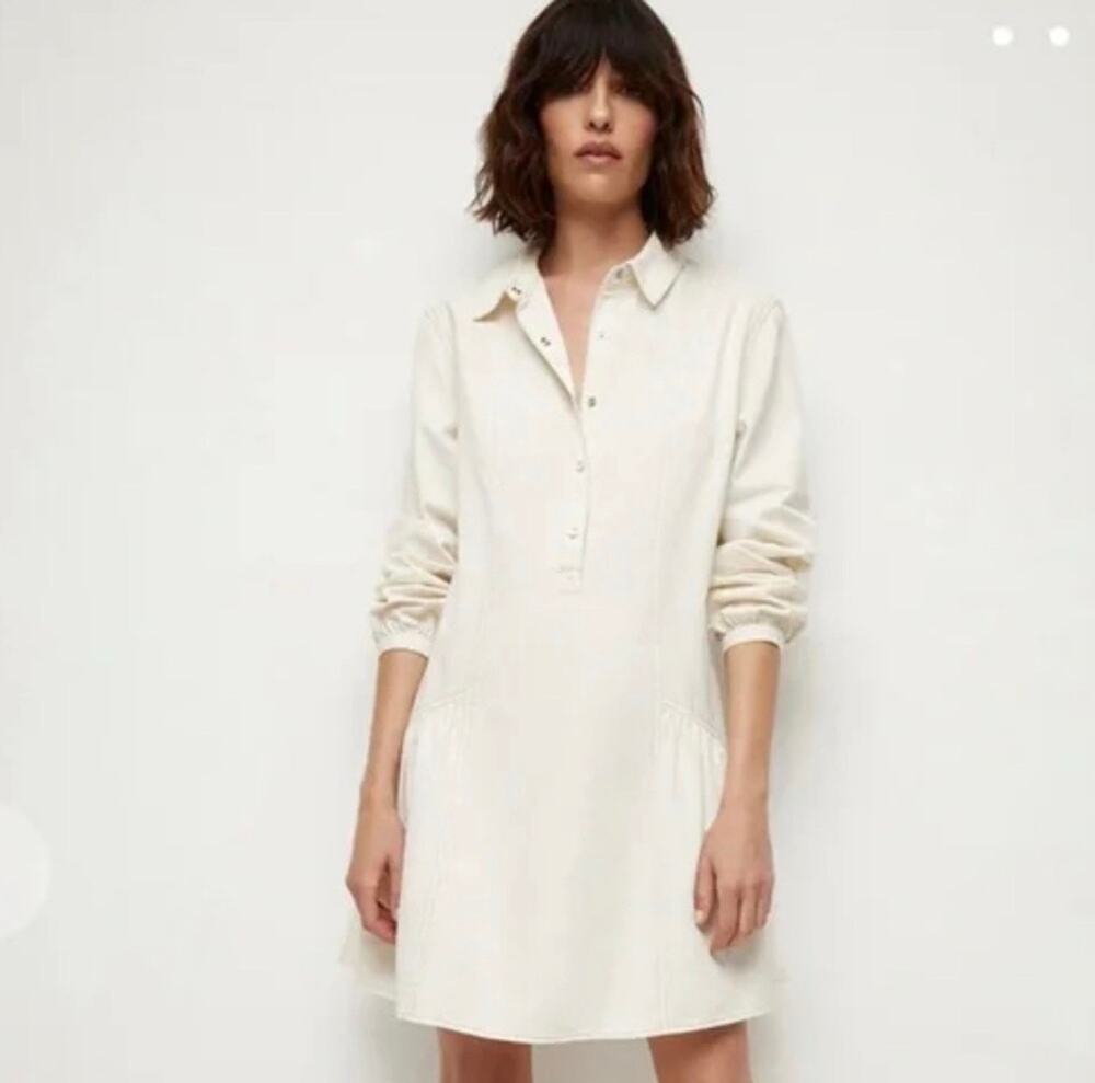 Veronica Beard Ivory Long Sleeve Drop Waist Shirt Dress
